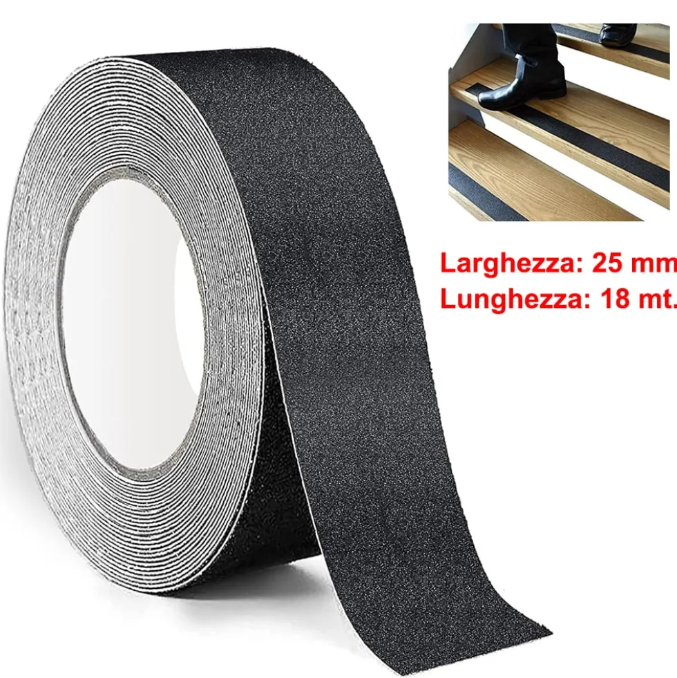Nastro antiscivolo adesivo nero rotolo mm.25 x 18 mt. nastro antisdrucciolo universale