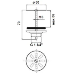 Piletta in ottone per piatto doccia 1"1/4 con griglia cromata e vite centrale