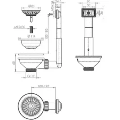 Piletta standard inox mm.90 con troppopieno L.B. PLAST 1"1/2 ø114mm con tappo a cestello per lavello cucina