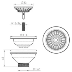 Piletta standard inox mm.90 L.B. PLAST 1"1/2 ø114mm con tappo a cestello per lavello cucina