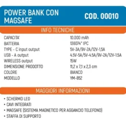 Power bank universale 10.000 mAh con magsafe per ricarica wireless VINCO 00010