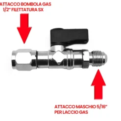 Rubinetto adattatore per bombola gas R32 entrata 1/2" femmina sx - uscita 5/16" maschio dx