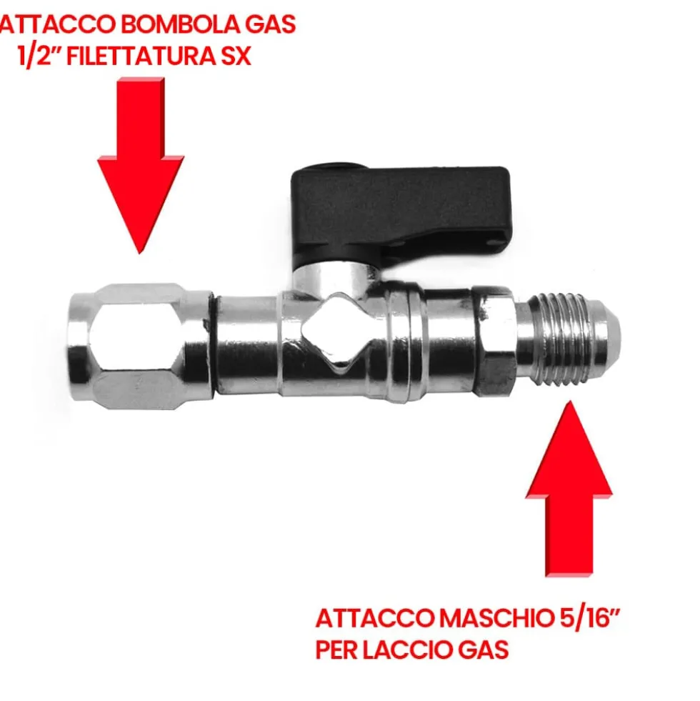 Rubinetto adattatore per bombola gas R32 entrata 1/2" femmina sx - uscita 5/16" maschio dx
