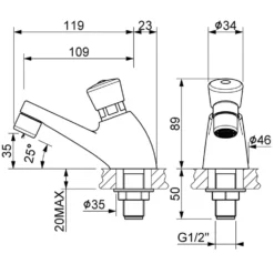 Rubinetto temporizzato monoacqua 8/12 secondi per lavabo con pulsante