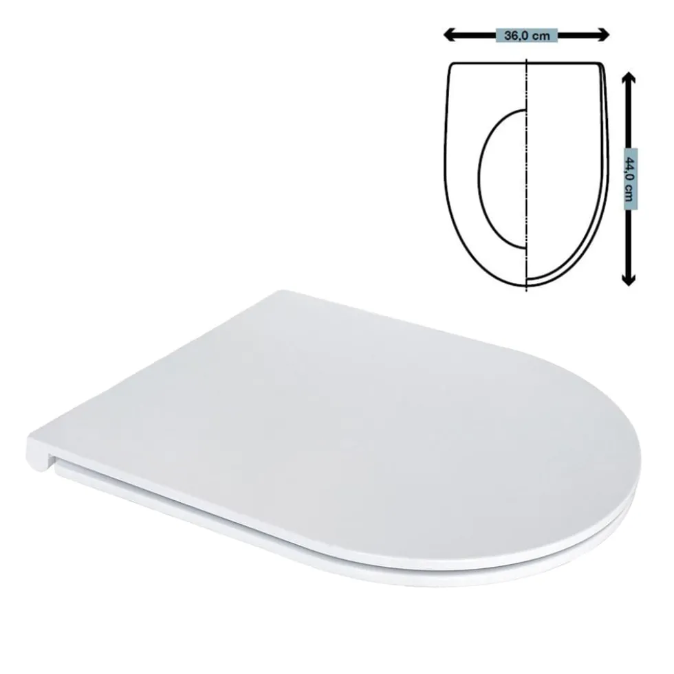 Sedile wc copriwater filo muro piatto in plastica bianca cm.36 x 44 con chiusura rallentata IDROBLOK