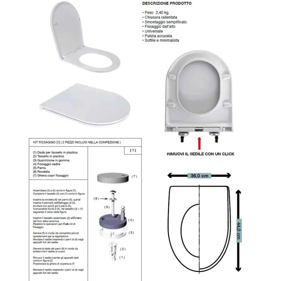 Sedile wc copriwater filo muro piatto in plastica bianca cm.36 x 44 con chiusura rallentata IDROBLOK