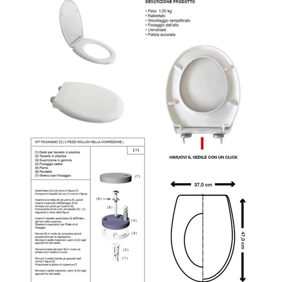 Sedile wc copriwater universale in plastica bianca cm.37 x 47 con chiusura rallentata IDROBLOK