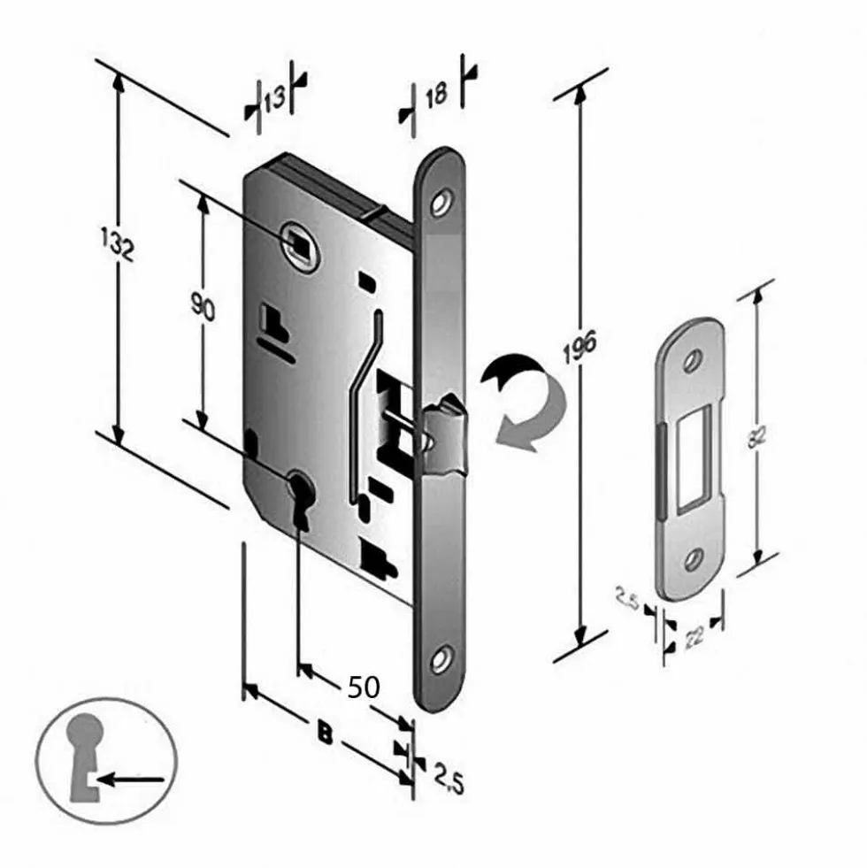 Serratura BONAITI B-Split con scrocco centrale reversibile cromo satinato per porte interne in legno