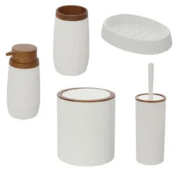 Set accessori da bagno 5 pz. serie LONDON in abs bianco con particolari effetto legno