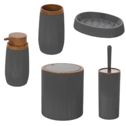 Set accessori da bagno 5 pz. serie LONDON in abs grigio con particolari effetto legno