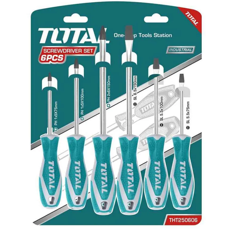 Set 6 cacciaviti professionali in acciaio al cromo vanadio e manici soft grip TOTAL HT250606
