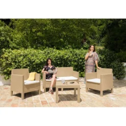 Set salotto da giardino 4 posti PENELOPE in resina effetto rattan color cappuccino