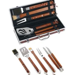 Set utensili per barbecue 5 pezzi in acciaio inox con manico in legno e valigetta OMPAGRILL