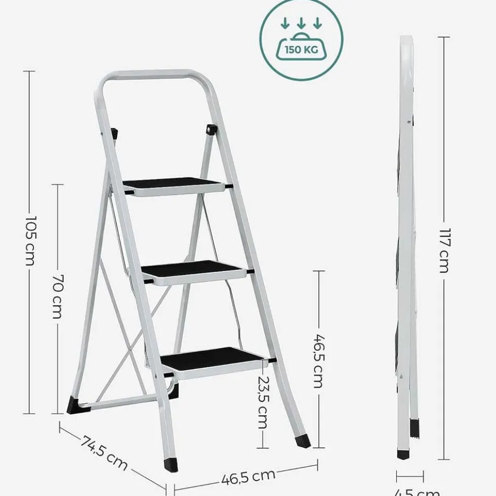 Sgabello salvaspazio in acciaio 3 gradini scaletto basso portata max 150kg