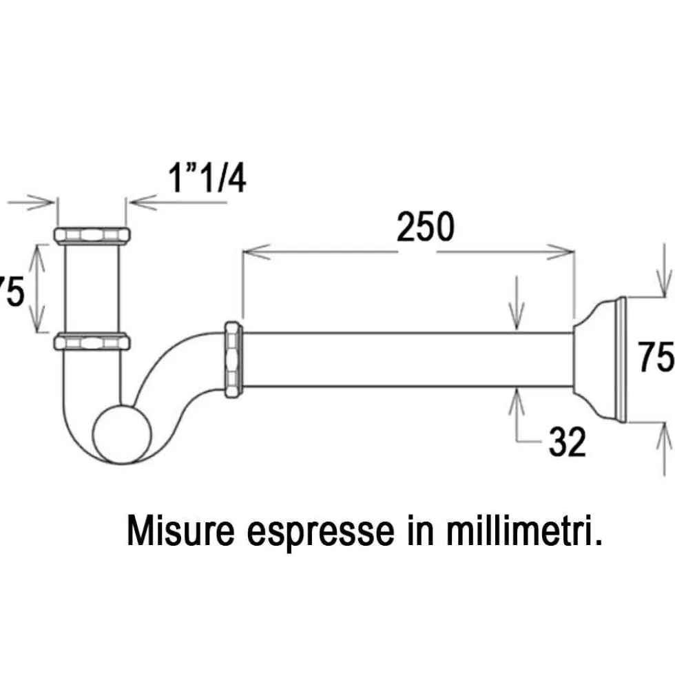 Sifone cromato a S da 1"1/4 per scarico lavabo e bidet