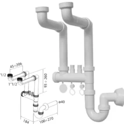 Sifone pvc salvaspazio 2 vie 1"1/2 ispezionabile per lavello cucina con doppio scarico lavatrice/lavastoviglie