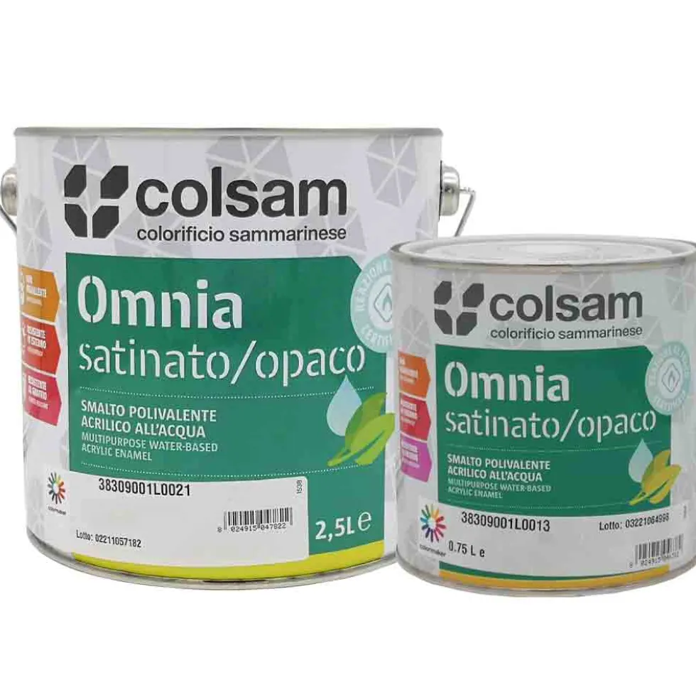 Smalto acrilico all'acqua satinato OMNIA bianco - nero tinte RAL e NCS inodore antigraffio COL. SAMMARINESE vari formati