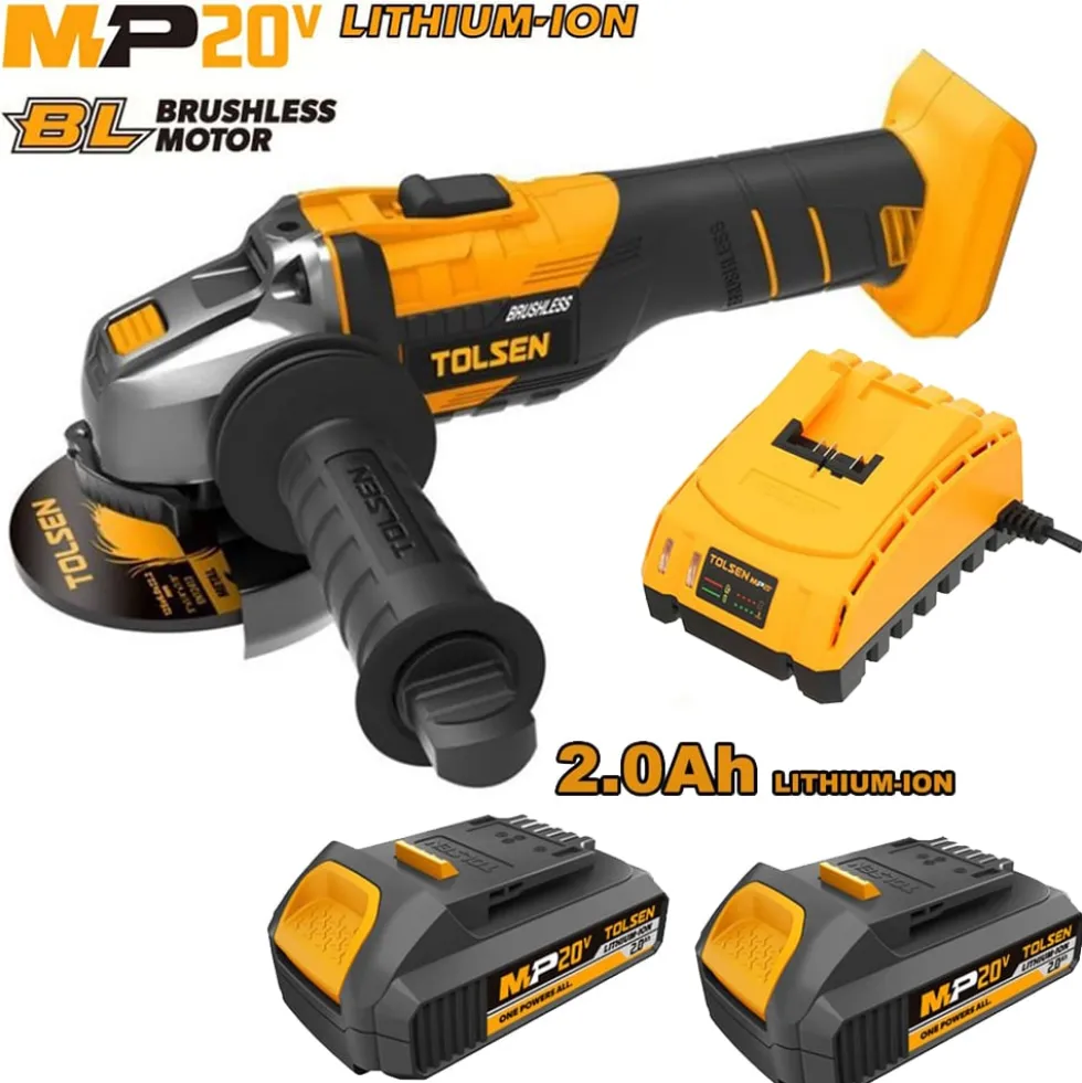 Smerigliatrice angolare a batteria 20V BRUSHLESS mm.125 serie MP20V con 2 batterie 20V 2.0Ah litio + caricabatteria TOLSEN 87278