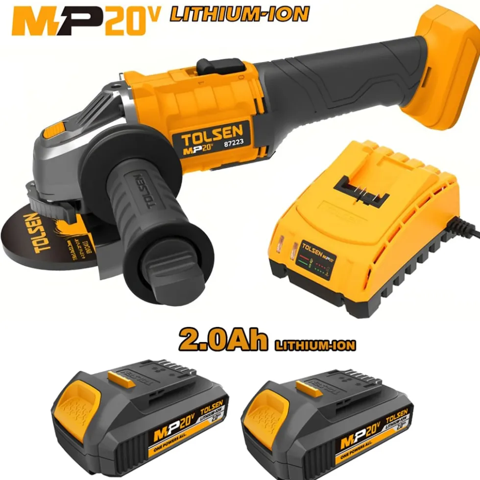 Smerigliatrice angolare a batteria 20V mm.115 con 2 batterie 20V 2.0Ah litio + caricabatteria TOLSEN 87223