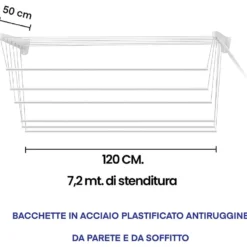 Stendibiancheria da parete e soffitto cm.120 JUMBO STEED 7,2 metri di stenditura