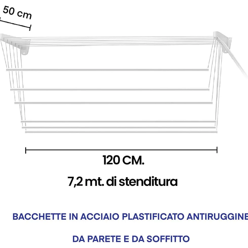 Stendibiancheria da parete e soffitto cm.120 JUMBO STEED 7,2 metri di stenditura