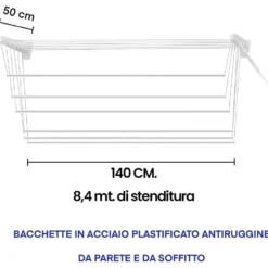 Stendibiancheria da parete e soffitto cm.140 JUMBO STEED 8,4 metri di stenditura