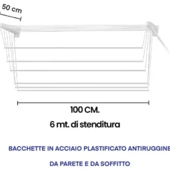 Stendibiancheria da parete e soffitto cm.100 JUMBO STEED 6 metri di stenditura
