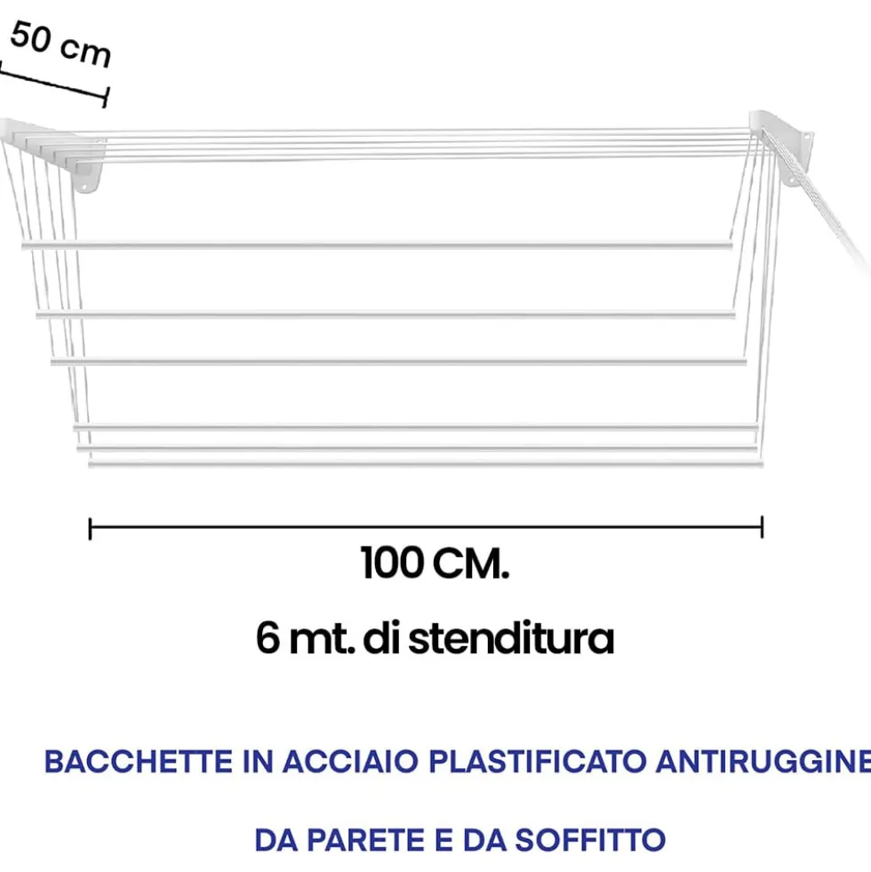 Stendibiancheria da parete e soffitto cm.100 JUMBO STEED 6 metri di stenditura