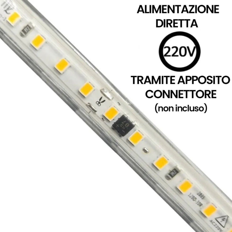 Striscia LED SMD 2835 220V 9W/mt. 900 lumen/mt. IP65 mm.10 x 5 varie tonalità di luce VENDITA AL METRO