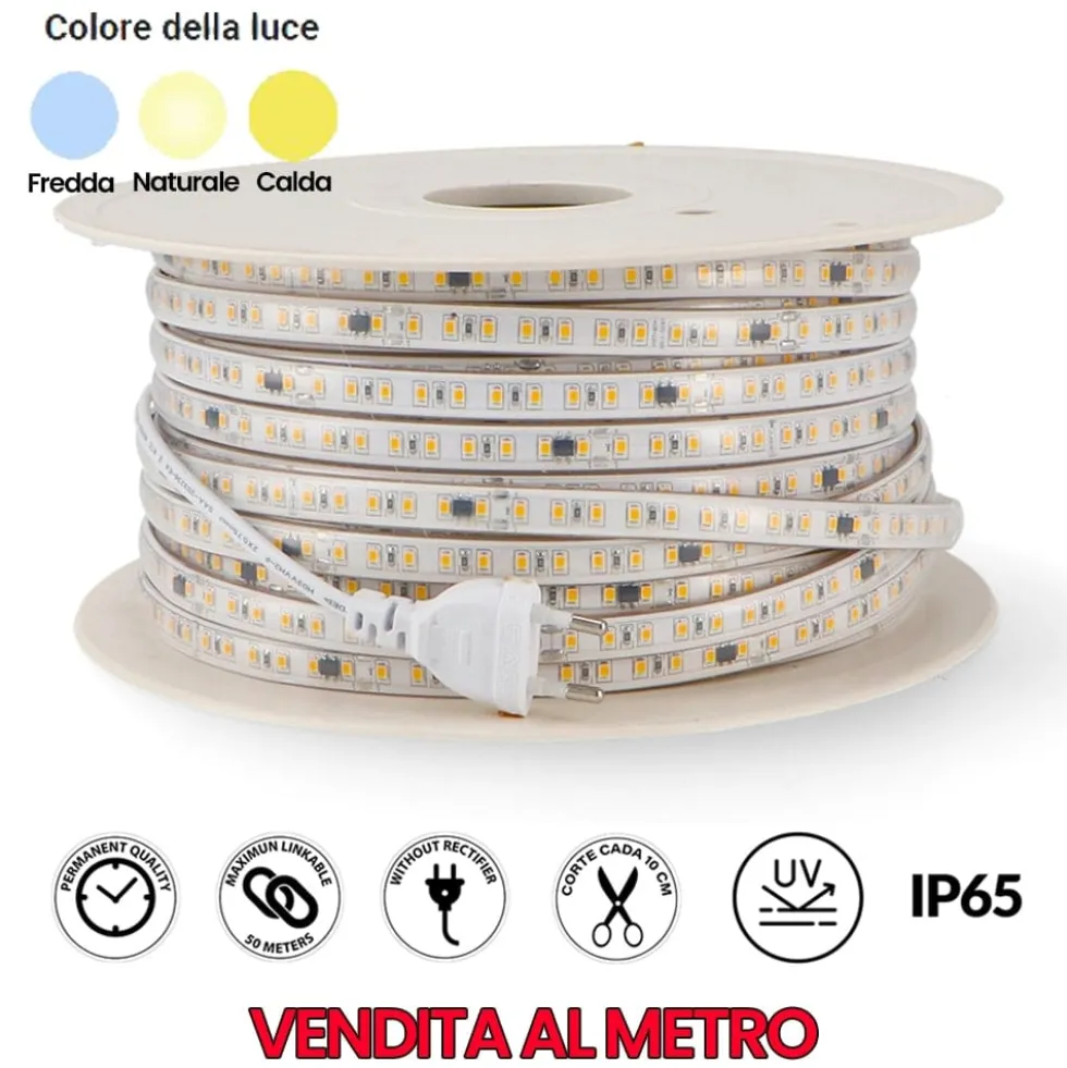 Striscia LED SMD 2835 220V 9W/mt. 900 lumen/mt. IP65 mm.10 x 5 varie tonalità di luce VENDITA AL METRO
