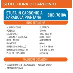 Stufa elettrica al carbonio a parabola con piantana 1000W VINCO 70184