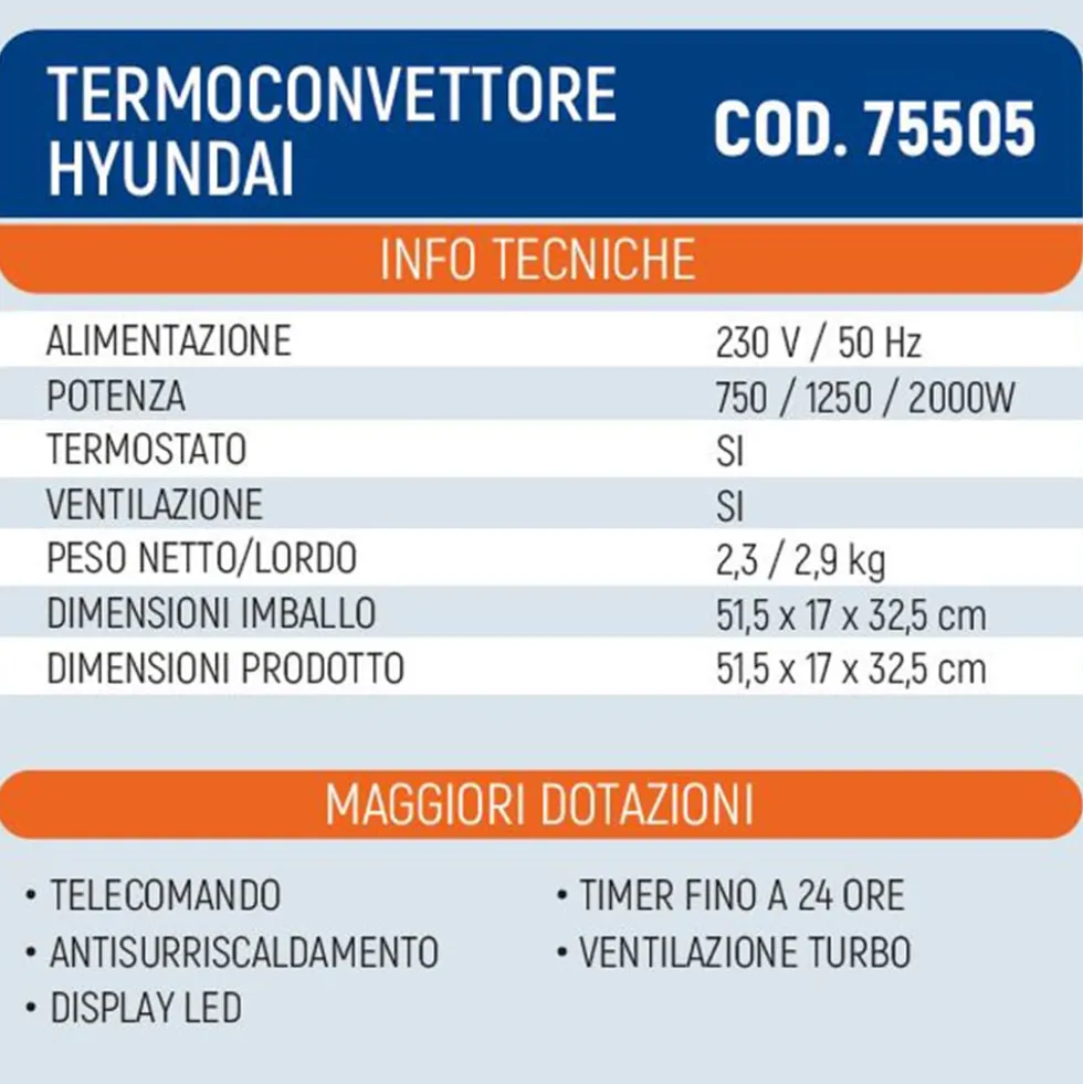 Termoconvettore termosifone elettrico 2000W HYUNDAI 75505 turbo - timer - telecomando - display led