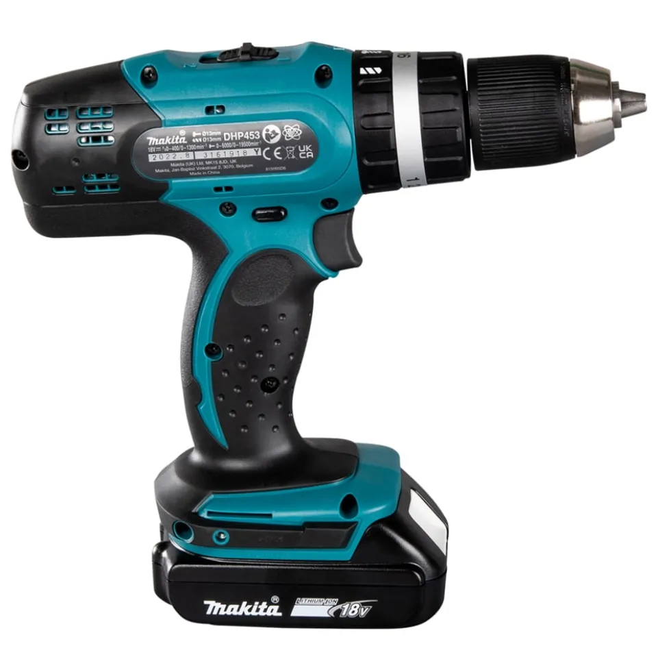 Trapano avvitatore a batteria con percussione MAKITA DHP453RF3J 18V 3Ah - 3 batterie con valigetta MAKPAC