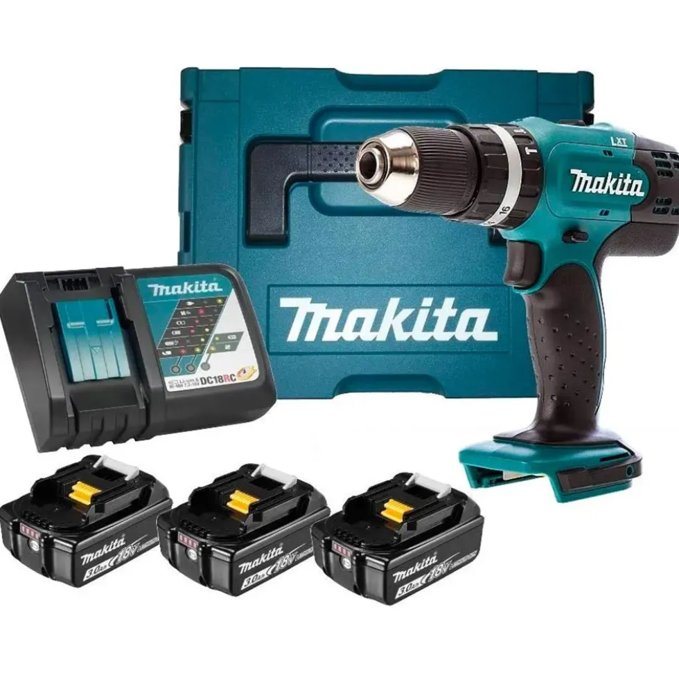 Trapano avvitatore a batteria con percussione MAKITA DHP453RF3J 18V 3Ah - 3 batterie con valigetta MAKPAC