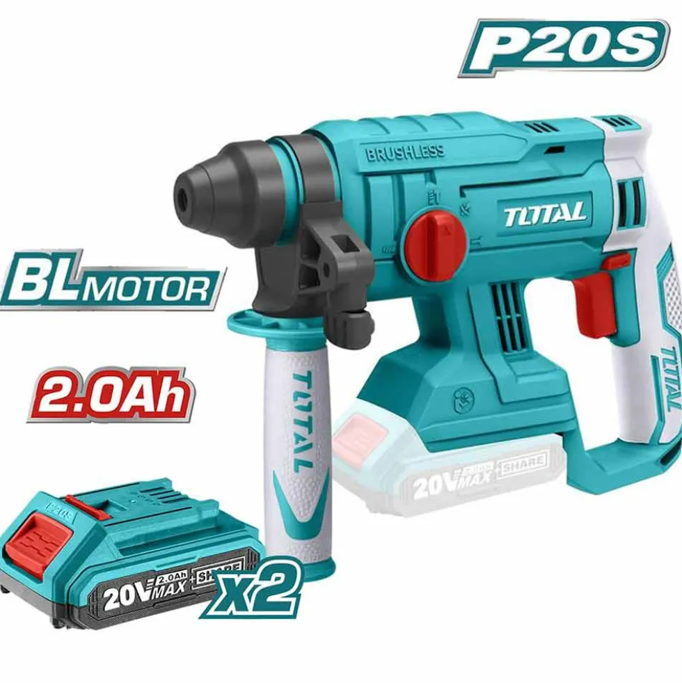 Trapano tassellatore a batteria 20V 2Ah litio 2 batt. + caric. motore brushless TOTTRHLI2201