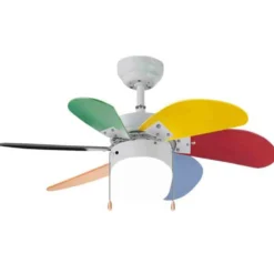 Ventilatore agitatore da soffitto con 6 pale colorate e luce centrale VINCO 70928 per camerette