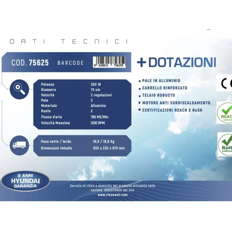 Ventilatore industriale carrellato grande portata HYUNDAI 75625 cm.75 300W