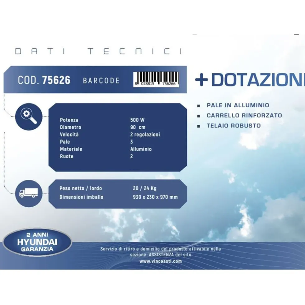 Ventilatore industriale carrellato grande portata HYUNDAI 75626 cm.90 500W