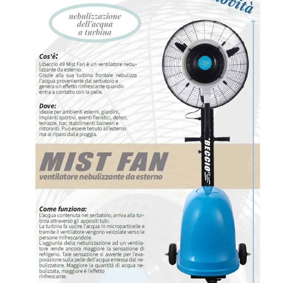 Ventilatore nebulizzatore professionale da esterno CFG LIBECCIO MIST FAN raffrescatore 300W H.200 cm.