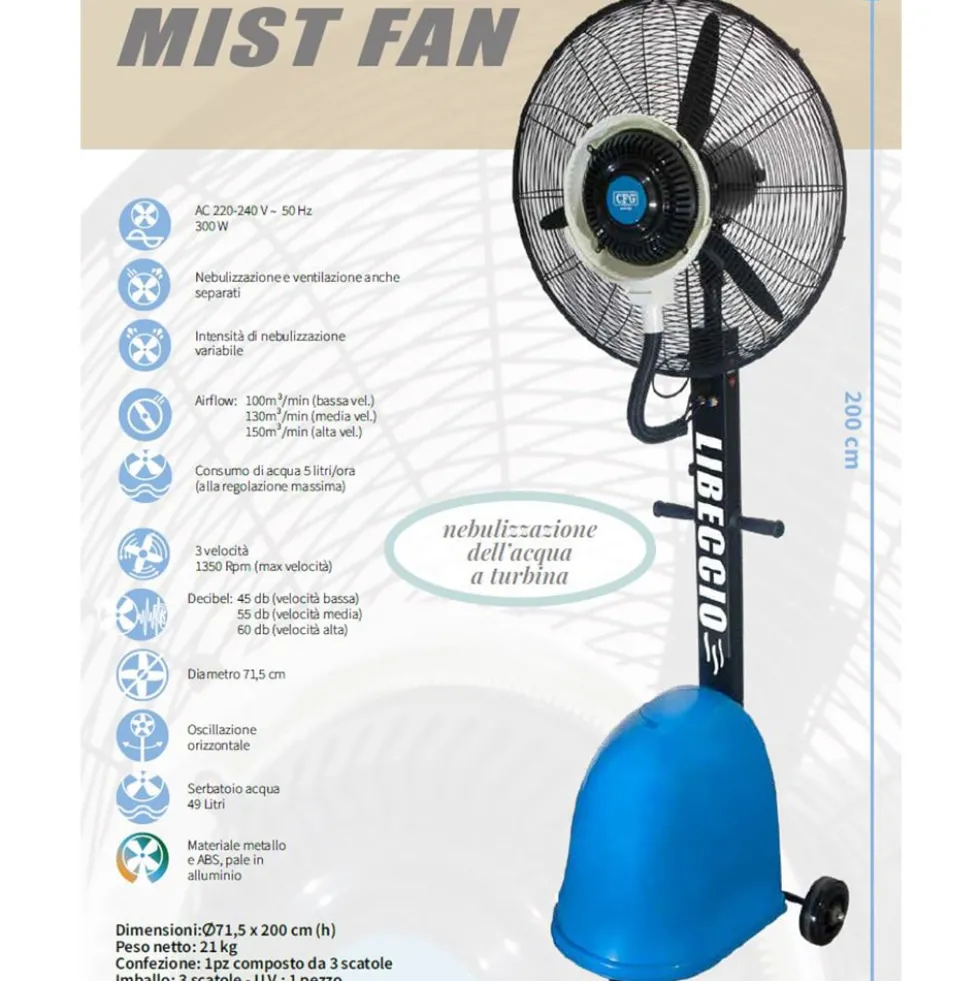 Ventilatore nebulizzatore professionale da esterno CFG LIBECCIO MIST FAN raffrescatore 300W H.200 cm.