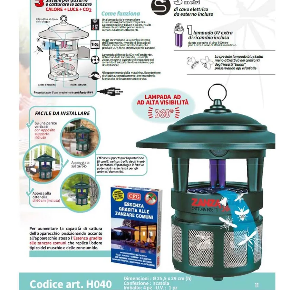 Zanzariera elettrica macchina cattura insetti da esterno CFG ZANZATRAP360 per aree fino a 400mq